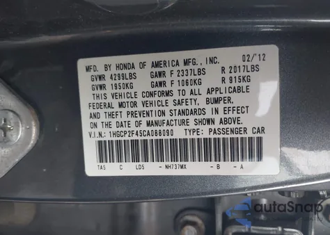 2012 Honda Accord 2.4 Lx-P from USA, damaged, VIN 1HGCP2F45CA088090